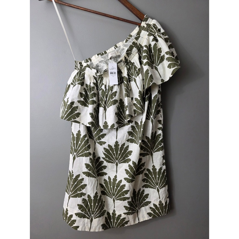 LOFT One Shoulder Ruffle Top XS Olive Green Palm Leaf Print Cotton Slub 38667442